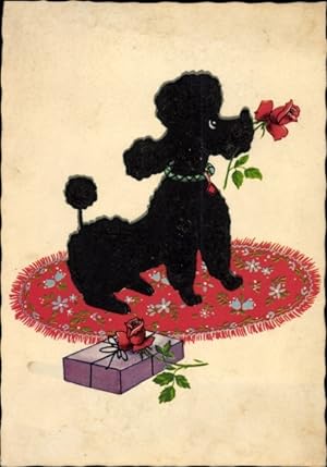 Ansichtskarte / Postkarte Pudel mit Rose in der Schnauze, Geschenk, Hund