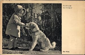 Bild des Verkufers fr Ansichtskarte / Postkarte Gute Freunde, Darfst auch mal beien, kleines Mdchen fttert Hund zum Verkauf von akpool GmbH