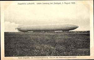 Bild des Verkufers fr Ansichtskarte / Postkarte Zeppelin Luftschiff Modell IV 1908, Lngsseite, letzte Landung bei Stuttgart vor der Katastrophe zum Verkauf von akpool GmbH