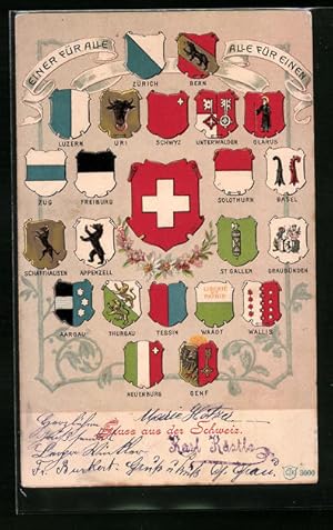 Präge-Ansichtskarte Zürich, Schweizer Wappen, Bern, Luzern, Uri