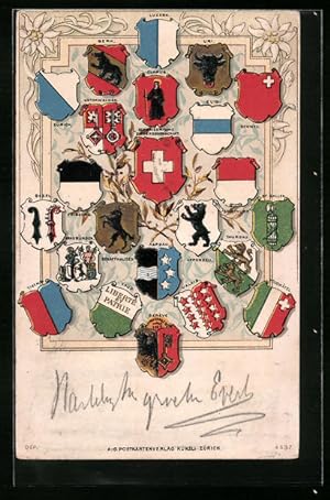 Präge-Ansichtskarte Zürich, Schweizer Wappen, Luzern, Bern, Uri