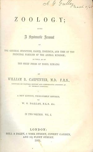 Imagen del vendedor de Zoology; Being a Systematic Account of the General Structures, Habits, Instincts; Volume 1 a la venta por PJK Books and Such