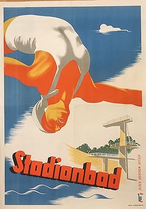 Stadionbad. Gestaltung von Rudolf Wohlfahrt (1900-1972). Farblithographie Jacob Weiner, Wien um 1...