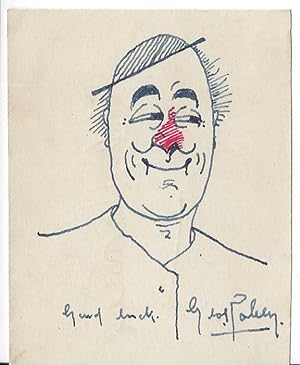Bild des Verkufers fr ['The Darling of the Halls': George Robey [Sir George Edward Wade], comedian, singer and music-hall performer.] Autograph Inscription, with Signature, to an Autograph Portrait Cartoon, as a red-nosed clown. With Autograph Signature of Lily Morris. zum Verkauf von Richard M. Ford Ltd