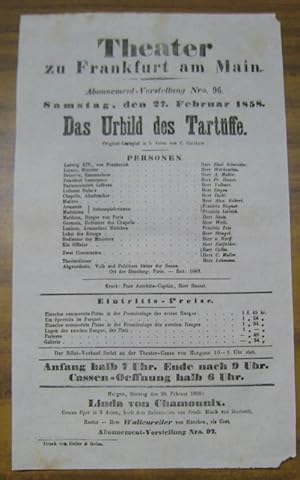 Besetzungsliste zu: Das Urbild des Tartuffe. Samstag, den 27. Februar 1858, Abonnement-Vorstellun...