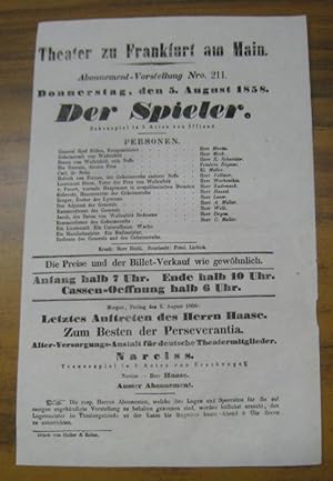 Besetzungsliste zu: Der Spieler. Donnerstag, den 5. August 1858, Abonnement-Vorstellung Nro. 211 ...