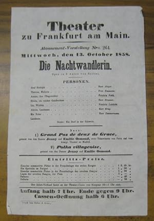 Besetzungsliste zu: Die Nachtwandlerin. Mittwoch, den 13. October 1858, Abonnement-Vorstellung Nr...