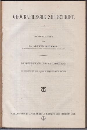 Bild des Verkufers fr Geographische Zeitschrift. 1917, dreiundzwanzigster ( 23. ) Jahrgang, hier die Seiten (1) 282 - 592. - Aus dem Inhalt: Hermann Walser - Zur gegenwrtigen politisch-geographischen Stellung der Schweiz / Otto Maull: Die politischen Probleme des stlichen Mittelmeeres ( Schlu ) / Carl C. Christiansen: Der Bund der Mittelmchte und seine geographischen Grundlagen. zum Verkauf von Antiquariat Carl Wegner