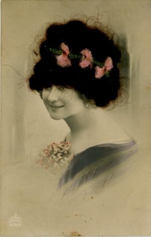 Echthaar Ansichtskarte / Postkarte Portrait einer Frau, Schleifen