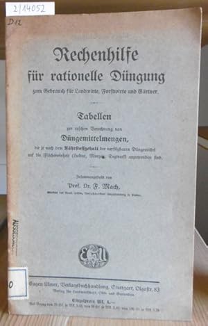 Image du vendeur pour Rechenhilfe fr rationelle Dngung zum Gebrauch fr Landwirte, Forstwirte und Grtner. Tabellen zur raschen Berechnung von Dngemittelmengen, die je nach dem Nhrstoffgehalt der verfgbaren Dngemittel auf die Flcheneinheit (Hektar, Morgen, Tagwerk) anzuwenden sind. mis en vente par Versandantiquariat Trffelschwein