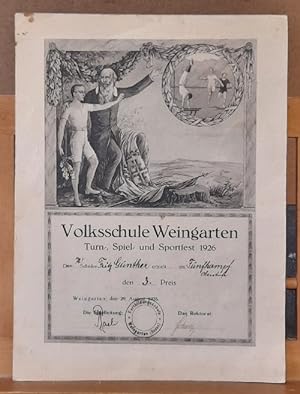 Urkunde Volkschule Weingarten (Anm. bei Karlsruhe in Baden) Turn-, Spiel- und Sportfest 1926 (3. ...
