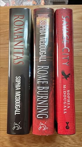 Seller image for Romanitas, Rome Burning, Savage City 3 x signed and lined UK first edition, first printing hardbacks (one also has a large 2-coloured doodled picture). All in at least near fine / near fine unread condition. for sale by Signed and Delivered Books