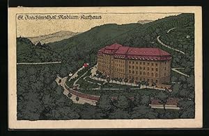 Steindruck-Ansichtskarte St. Joachimsthal, Radium-Kurhaus aus der Vogelschau