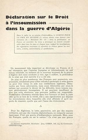 Bild des Verkufers fr Dclaration sur le droit  l'insoumission dans la guerre d'Algrie. zum Verkauf von Librairie Jean-Yves Lacroix