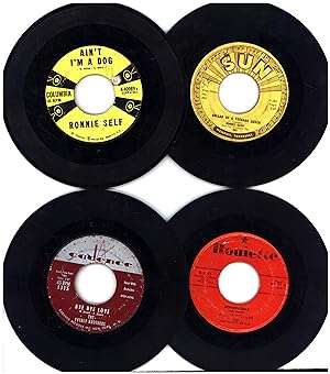 Seller image for Four classic 45 rpm "single" records from the year 1957 including Ronnie Self's "Ain't I'm A Dog," Johnny Cash's "Ballad of a Teenage Queen," and the Everly Brothers "Bye Bye Love" (45 RPM VINYL ROCKABILLY 'SINGLES') for sale by Cat's Curiosities