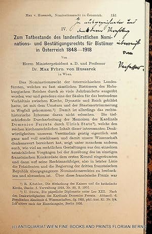 Bild des Verkufers fr Zum Tatbestande des landesfrstlichen Nominations- und Besttigungsrechts fr Bistmer in sterreich 1848 - 1918 (=Sonderdr. aus: Zeitschrift der Savigny-Stiftung fr Rechtsgeschichte ; 16.1927) BEIGEBUNDEN Scharnagl, Anton: Das knigliche Nominationsrecht fr die Bistmer in Bayern 1817 1918. (= SOA Zeitschrift der Savigny-Stiftung fr Rechtsgeschichte 1928) zum Verkauf von ANTIQUARIAT.WIEN Fine Books & Prints