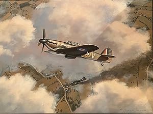 Hurricane flying over wartime country landscape with German fighter plane