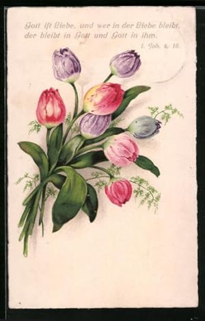 Bild des Verkufers fr Knstler-Ansichtskarte Gott ist Liebe, . - Bunter Tulpenstrauss zum Verkauf von Bartko-Reher