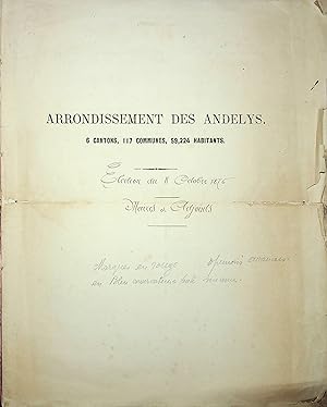 Imagen del vendedor de [Normandie, Eure, Les Andelys] Arrondissement des Andelys. 6 cantons, 117 communes, 59224 habitants. Elections du 8 octobre 1876. Maires et adjoints. a la venta por Librairie Trois Plumes