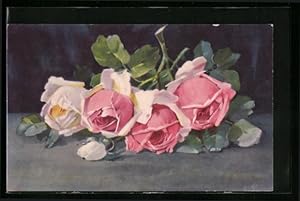 Seller image for Knstler-Ansichtskarte Liegende Rosen in weiss-rosa farbener Blte for sale by Bartko-Reher
