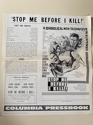 Immagine del venditore per Stop Me Before I Kill Pressbook 1960 Claude Dauphin, Diane Cilento venduto da AcornBooksNH