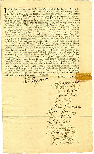 EXTREMELY-RARE, EARLY 18TH CENTURY OATH OF ALLEGIANCE SWEARING FIDELITY TO KING GEORGE II ~~ SIGN...