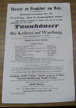 Besetzungsliste zu: Tannhäuser und Die Keilerei auf Wartburg. Freitag, den 3. September 1858, Abo...
