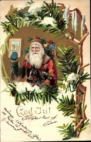Ansichtskarte / Postkarte Frohe Weihnachten, God Jul, Weihnachtsmann mit Geschenken, Buch, Schauk...