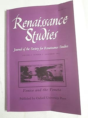 Bild des Verkufers fr Renaissance Studies. Venice and the Vento. Vol 8, No 4, December 1994 zum Verkauf von Cambridge Rare Books