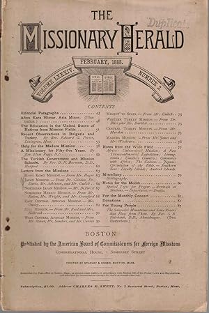 Imagen del vendedor de The Missionary Herald Vol. LXXXIV No. 2, February 1888 a la venta por Kenneth Mallory Bookseller ABAA