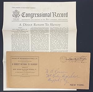 Image du vendeur pour A direct return to slavery. Speech of Hon. Adam C. Powell, Jr., of New York in the House of Representatives, Wednesday, April 16, 1947 mis en vente par Bolerium Books Inc.