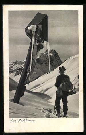 Ansichtskarte Bergwanderer im Schnee am Jochkreuz