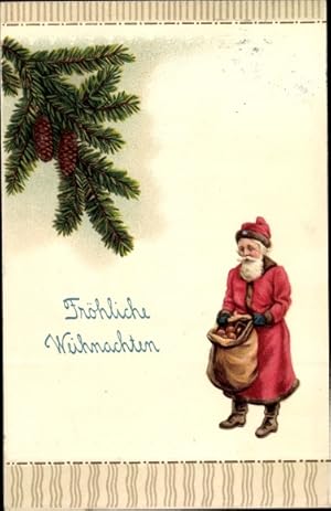 Ansichtskarte / Postkarte Frohe Weihnachten, Weihnachtsmann mit Geschenkesack, Tannenzweig