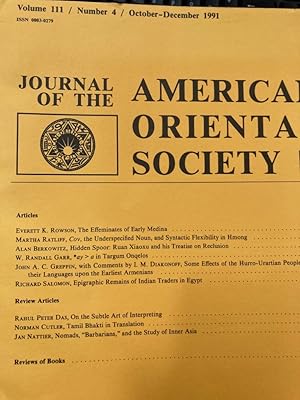 Seller image for Journal of the American Oriental Society. Volume 111, Number 4, October - December 1991. for sale by Plurabelle Books Ltd