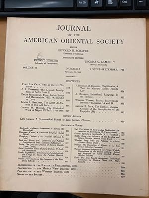 Bild des Verkufers fr Journal of the American Oriental Society. Volume 81, Number 3, August - September 1961. zum Verkauf von Plurabelle Books Ltd