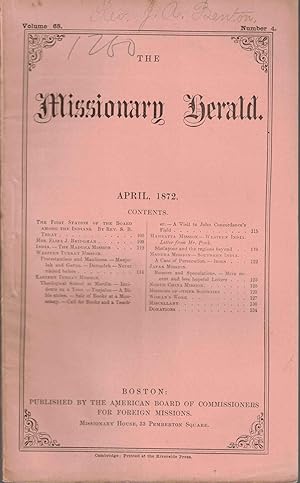 Bild des Verkufers fr The Missionary Herald Vol. 68 No. 4, April 1872 zum Verkauf von Kenneth Mallory Bookseller ABAA