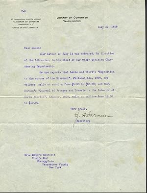 1919 Letters to the Library of Congress and Boston Public Library re: valuation for Lewis & Clark...