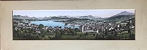 Farbiges Panorama von Luzern, hinter Passepartout gerahmter Photodruck,
