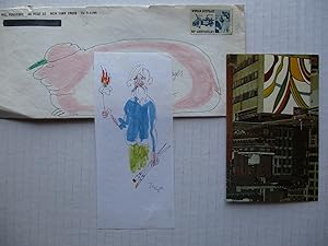 Mel Pekarsky undated drawing and 1971 postcard of mural in mailed envelope with drawings on front...