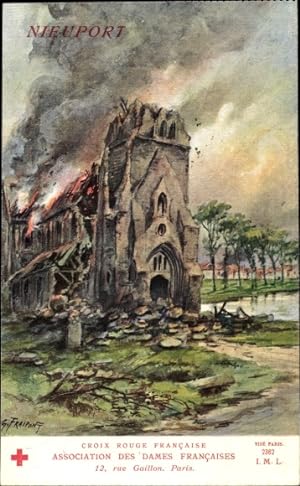 Künstler Ansichtskarte / Postkarte Fraipont, G., Nieuwpoort Westflandern, Kirche, Kriegszerstörun...