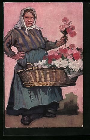 Ansichtskarte Bäuerin verkauft Blumen aus einem Korb