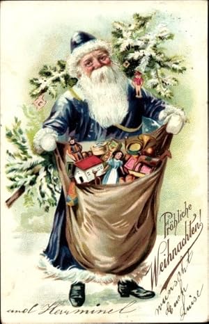 Präge Ansichtskarte / Postkarte Glückwunsch Weihnachten, Weihnachtsmann, Geschenke, Tannenbaum