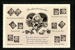 Bild des Verkufers fr Ansichtskarte Briefmarkensprache mit Rosen und Liebesgedicht zum Verkauf von Bartko-Reher