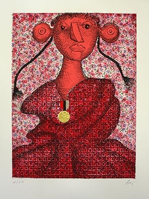 ENRICO BAJ: "Figura femminile con treccine e medaglia" , Colour etching signed by the artist, IX/...