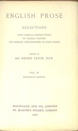 Bild des Verkufers fr English Prose Selections with Critical Introductions by Various Writers and General Introductions to Each Period Vol. IV Eighteenth Century zum Verkauf von WeBuyBooks