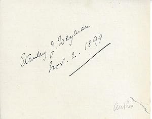 Bild des Verkufers fr [Stanley J. Weyman, popular English novelist of the  cloak and dagger school .] Autograph Signature on inscription for collector. zum Verkauf von Richard M. Ford Ltd