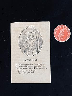 Heiligenbildchen des heiligen Erzengels Michael mit Sinnspruch und Lebensbeschreibung.