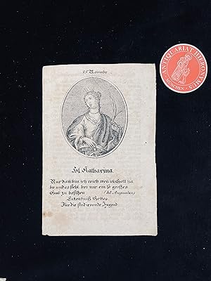 Heiligenbildchen der heiligen Katharina von Siena mit Sinnspruch und Lebensbeschreibung.