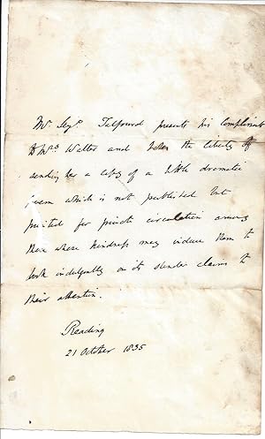 Bild des Verkufers fr [Sir Thomas Noon Talfourd, dramatist, judge, and friend of Charles Lamb, dedicatee of Pickwick Papers.] Autograph Letter in the third person to 'Mrs Walter', presenting a copy of 'a little dramatic poem' (i.e. his celebrated play 'Ion'). zum Verkauf von Richard M. Ford Ltd