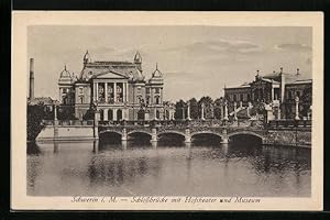 Ansichtskarte Schwerin i. M., Schlossbrücke mit Hoftheater und Museum